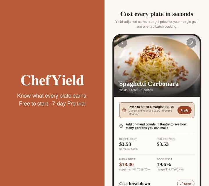 ChefYield phone screen costing Spaghetti Carbonara at $3.53 and 19.6 percent food cost