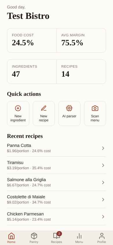 Demo restaurant home screen with 24.5 percent food cost, 14 recipes, and recent plates